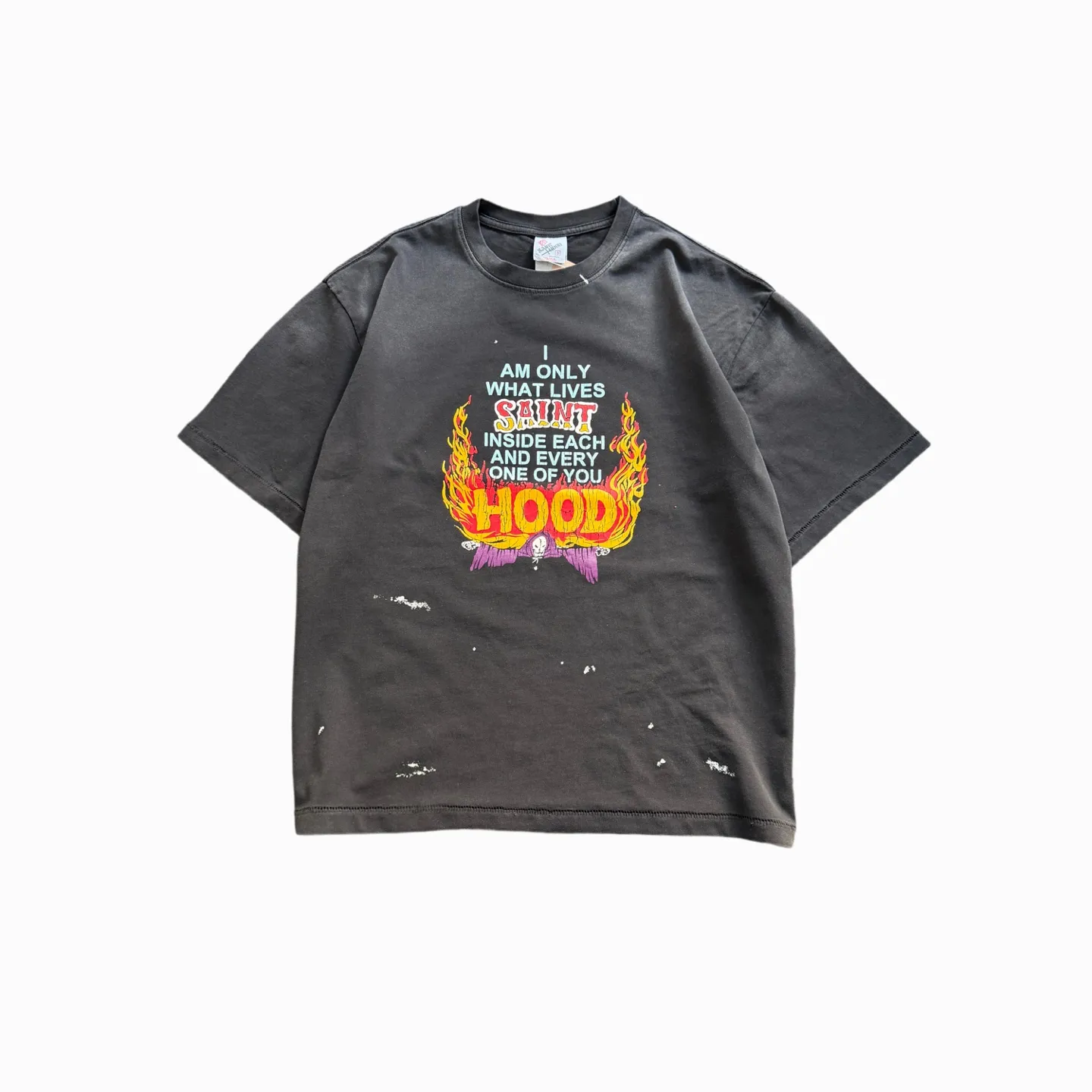 ❥8037#P130 Saint Mxxxxxx ✖️Neighborhood’s new model [flame saint hood] is made of double yarn double-ply cotton batik fabric 290 grams, comfortable and breathable to wear. Stiff silhouette, full of street feel, loose fit. Craftsmanship: self-exploding pulp printing + graffiti + spray coding, batik and wash. Size: (S-M-L-XL) Color: Washed Black